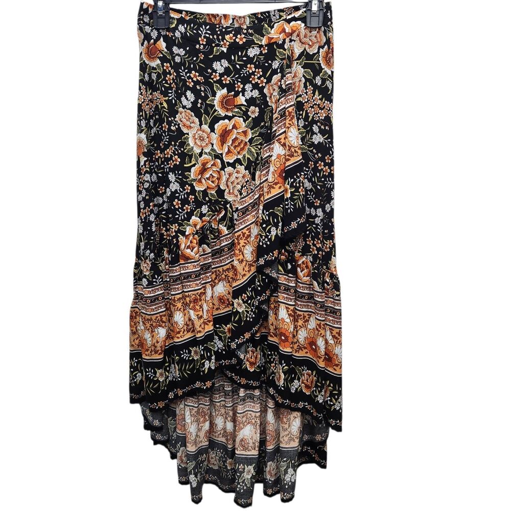 Rusttydustty Hi/Lo Faux Wrap Skirt Womens Small Black Tan Gold Floral Boho-Chic